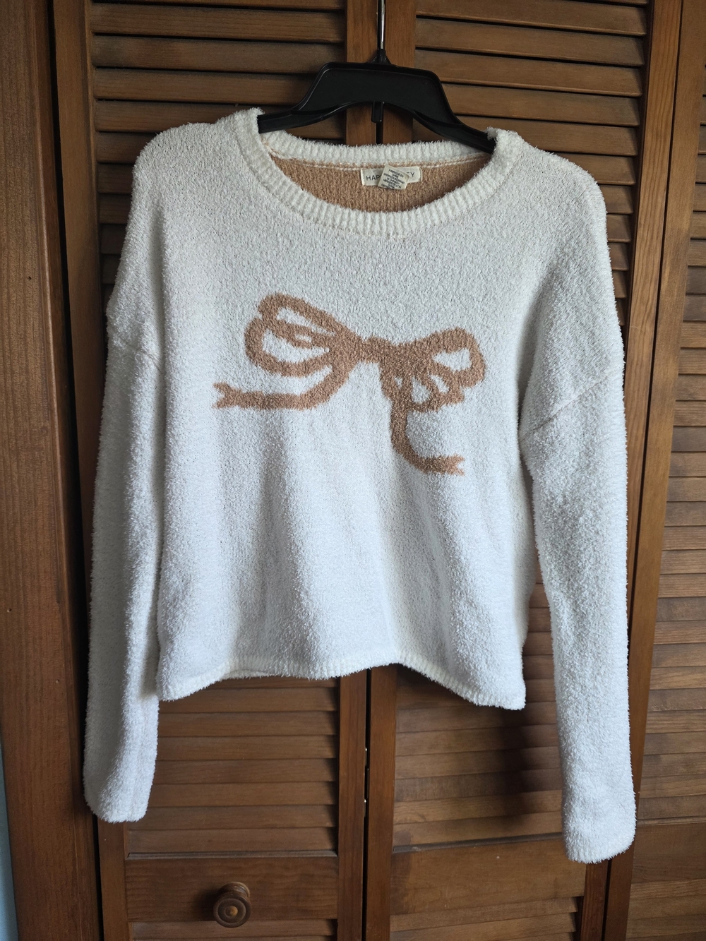 White Crewneck Sweater with Tan Bow Accent